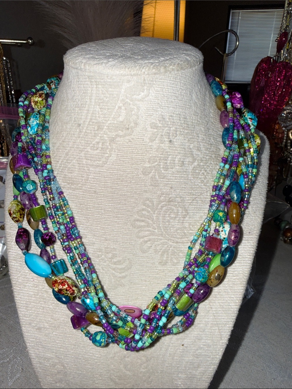 Multistrand Beaded Statement Necklace - Turquoise & Purple